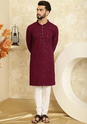 Purple Embroidered Cotton Kurta Set For Men