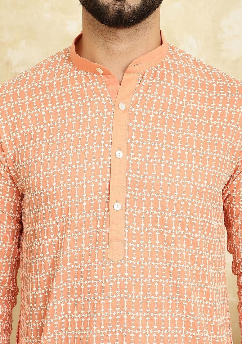 Peach Embroidered Cotton Kurta Set For Men