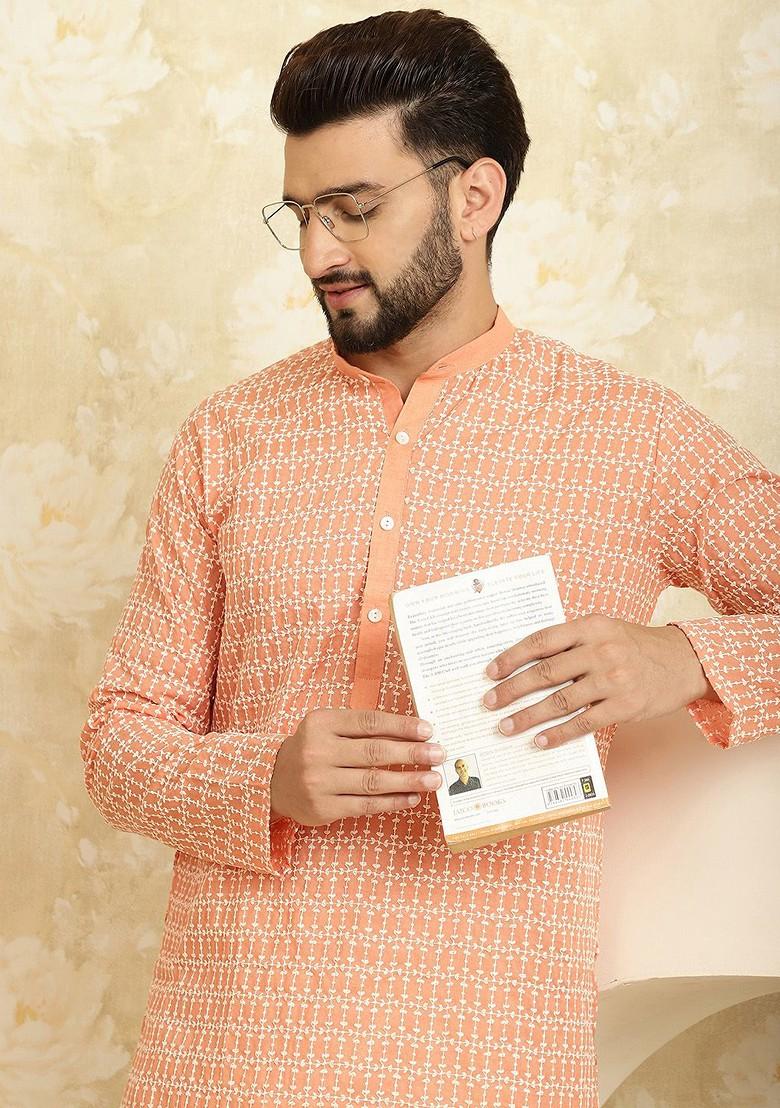 Peach Embroidered Cotton Kurta Set For Men