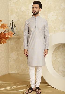Grey Woven Poly Blend Kurta Set For Men