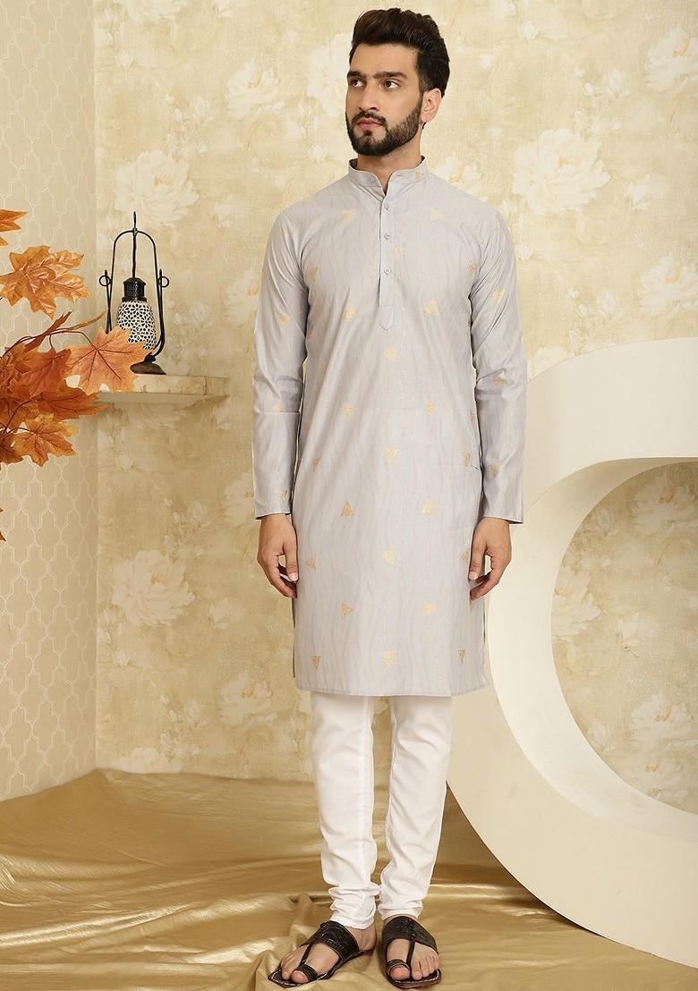 Grey Woven Poly Blend Kurta Set For Men