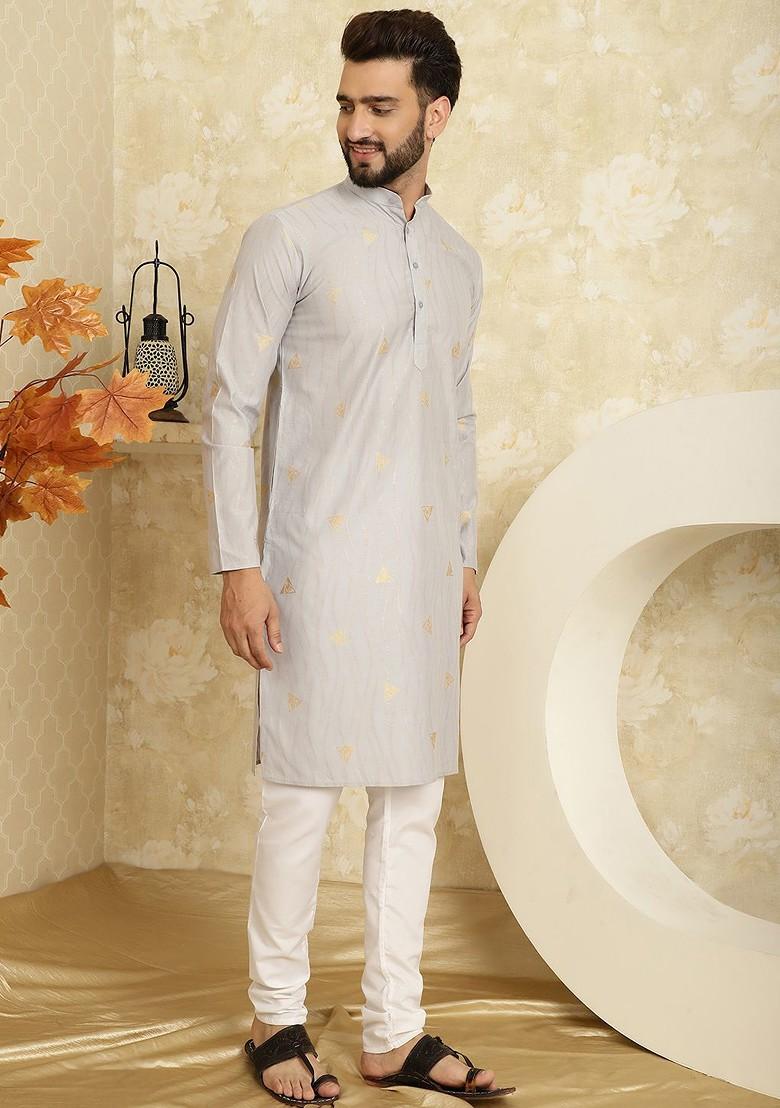 Grey Woven Poly Blend Kurta Set For Men