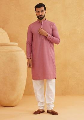 Coral Pink Embroidered Cotton Kurta Set For Men