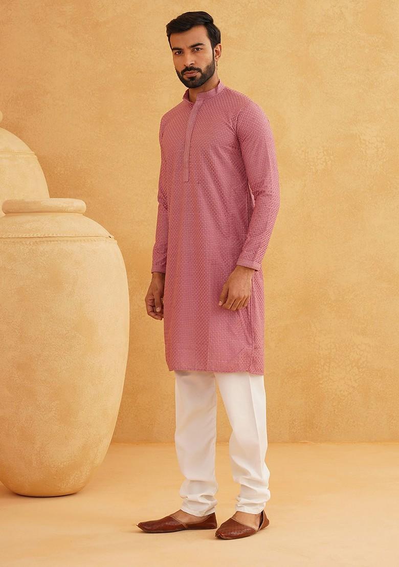 Coral Pink Embroidered Cotton Kurta Set For Men