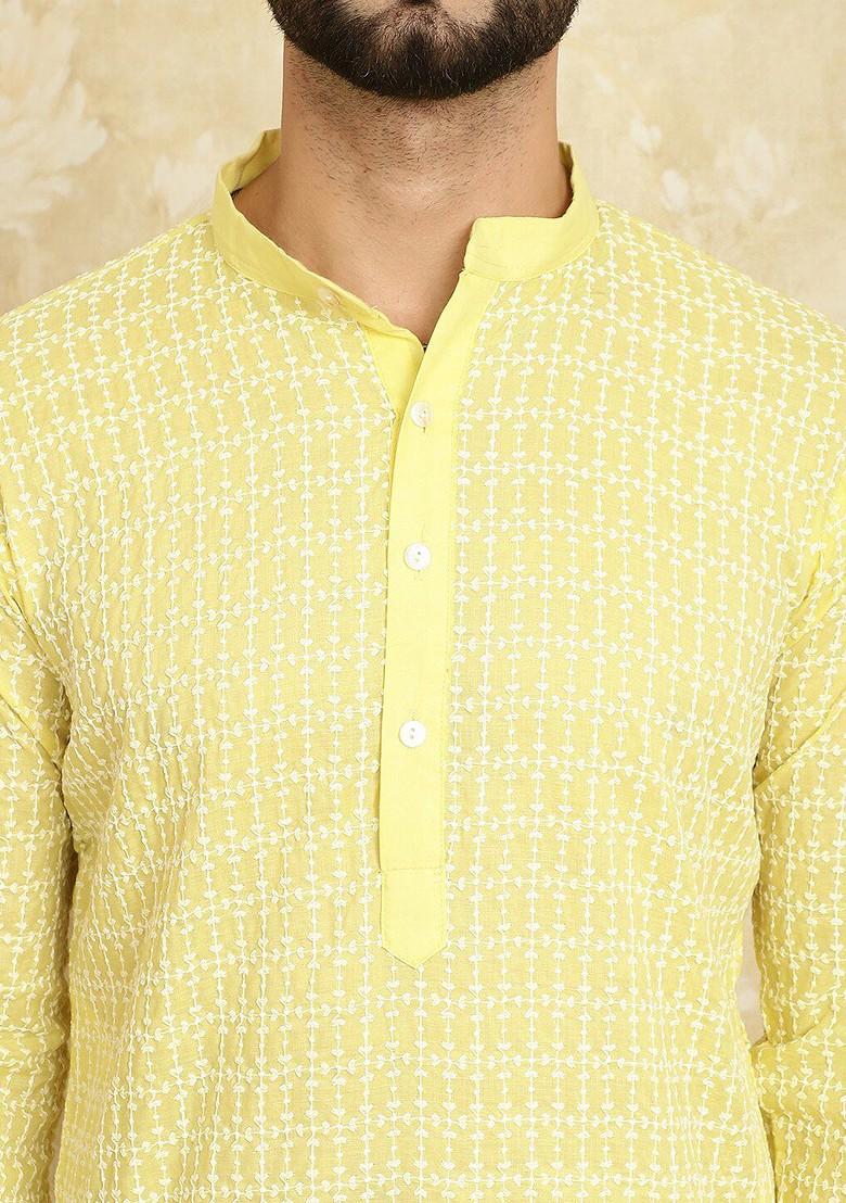 Yellow Embroidered Cotton Kurta Set For Men