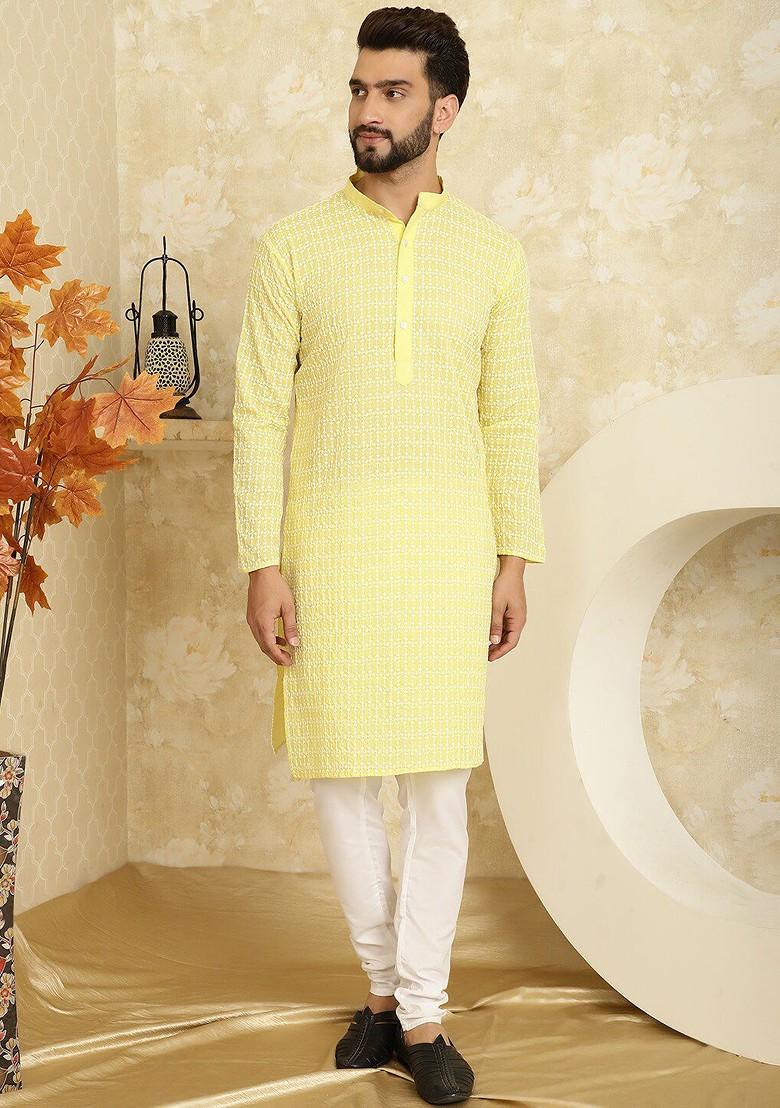 Yellow Embroidered Cotton Kurta Set For Men