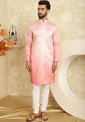 Pink Striped Poly Blend Kurta Set For Men