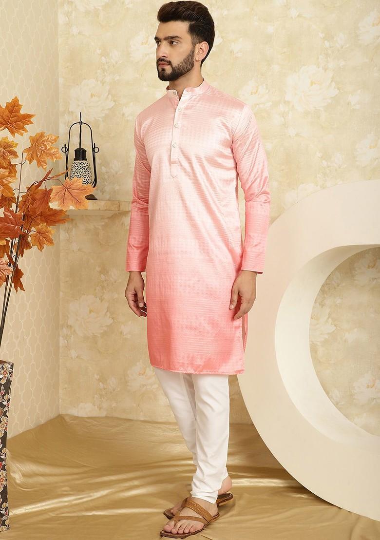 Pink Striped Poly Blend Kurta Set For Men