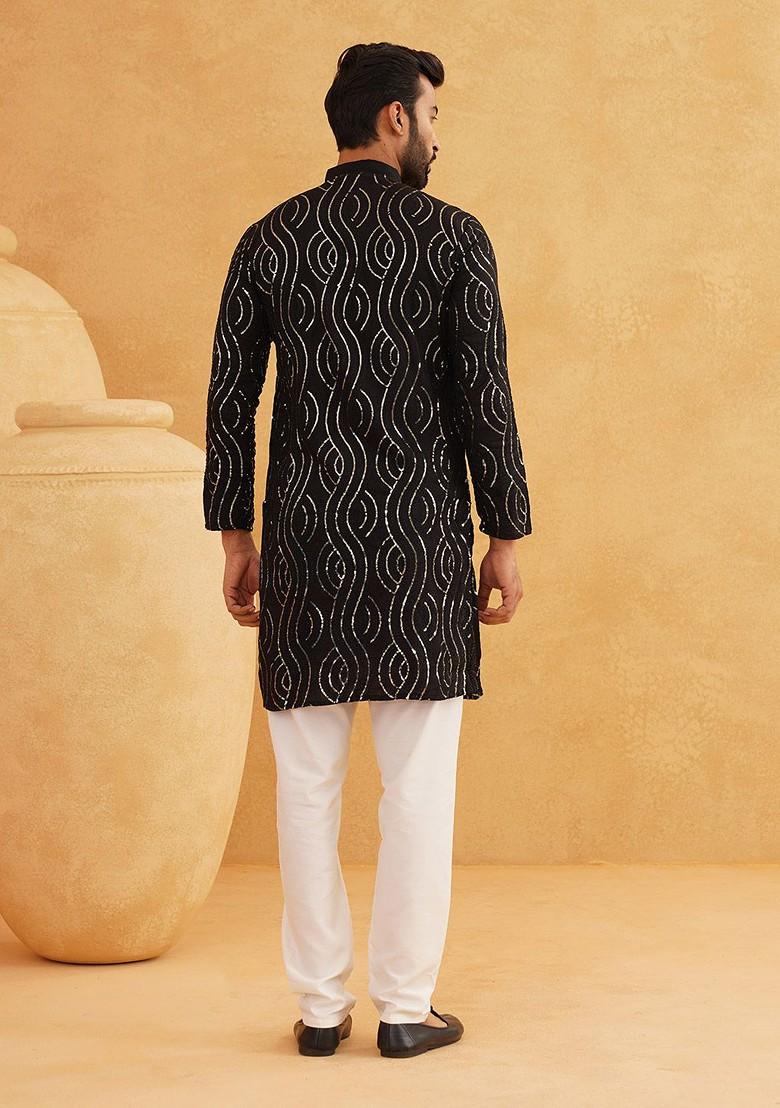 Black Embroidered Cotton Kurta Set For Men