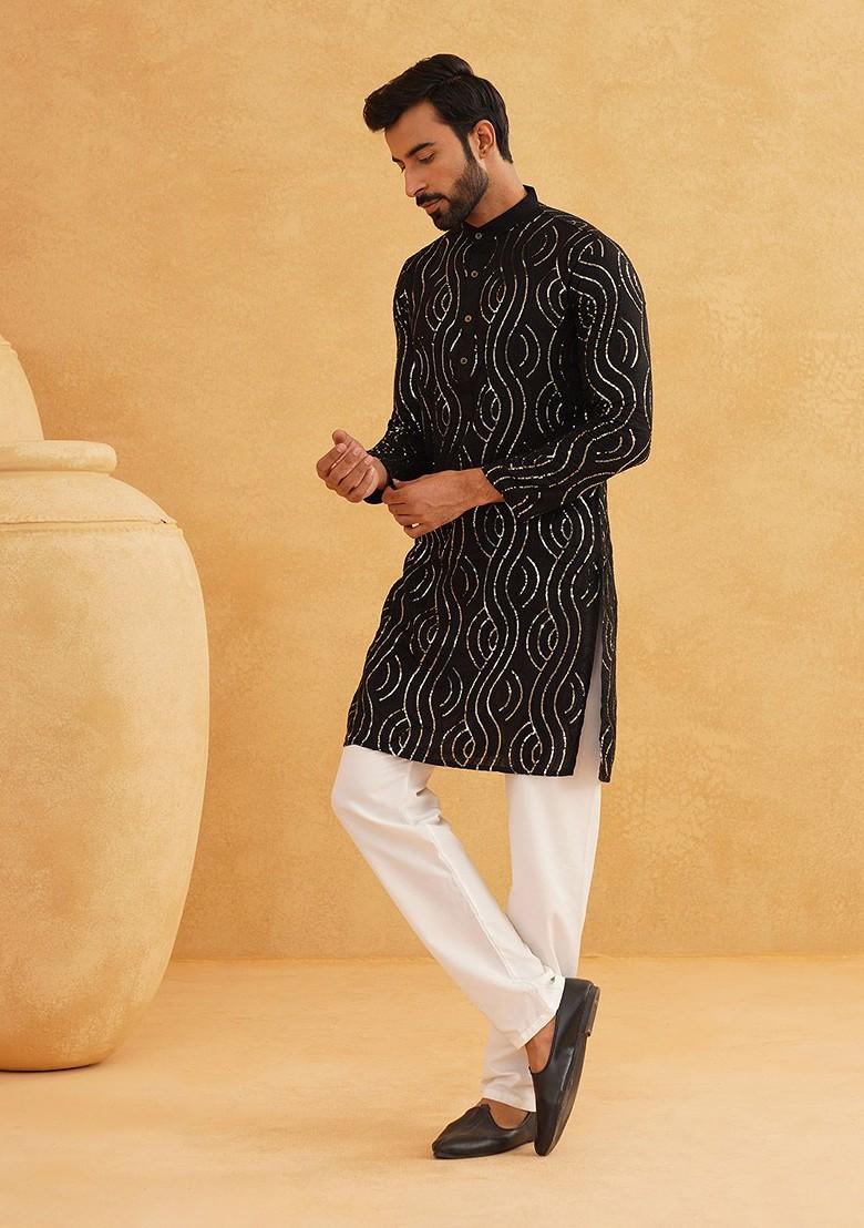 Black Embroidered Cotton Kurta Set For Men
