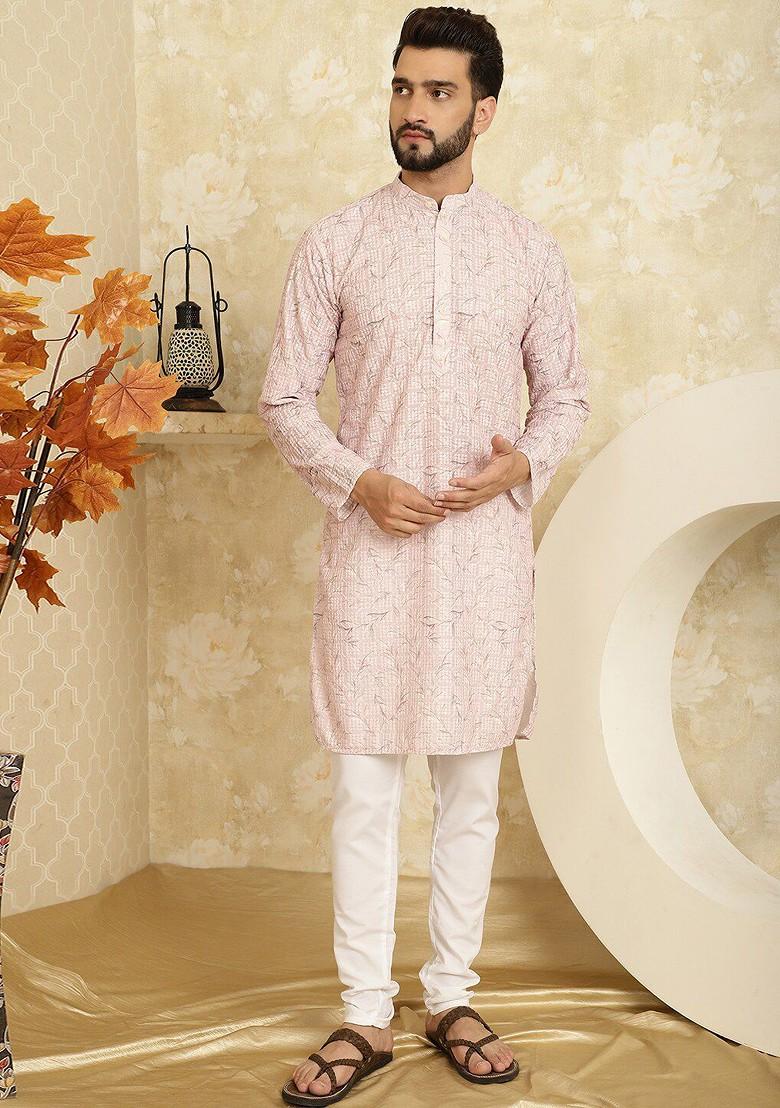 Pink Thread Work Cotton Kurta Set For Men