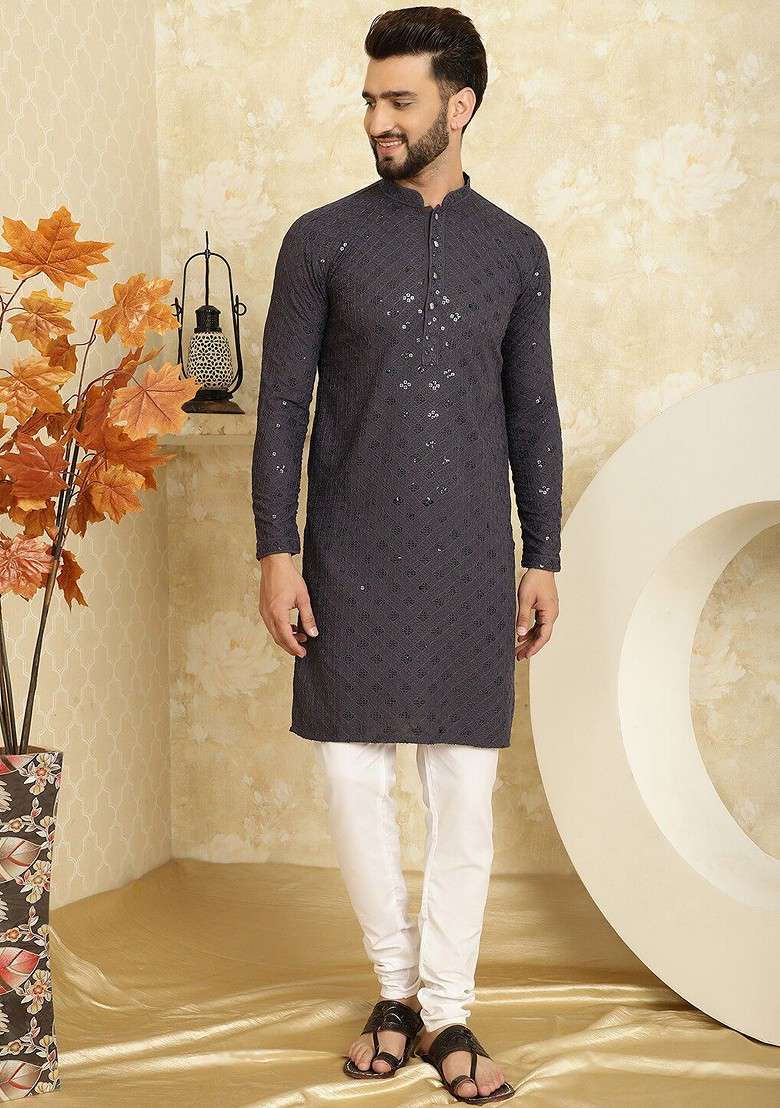 Grey Embroidered Cotton Kurta Set For Men - Indya