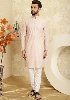 Peach Printed Poly Blend Kurta Set For Men
