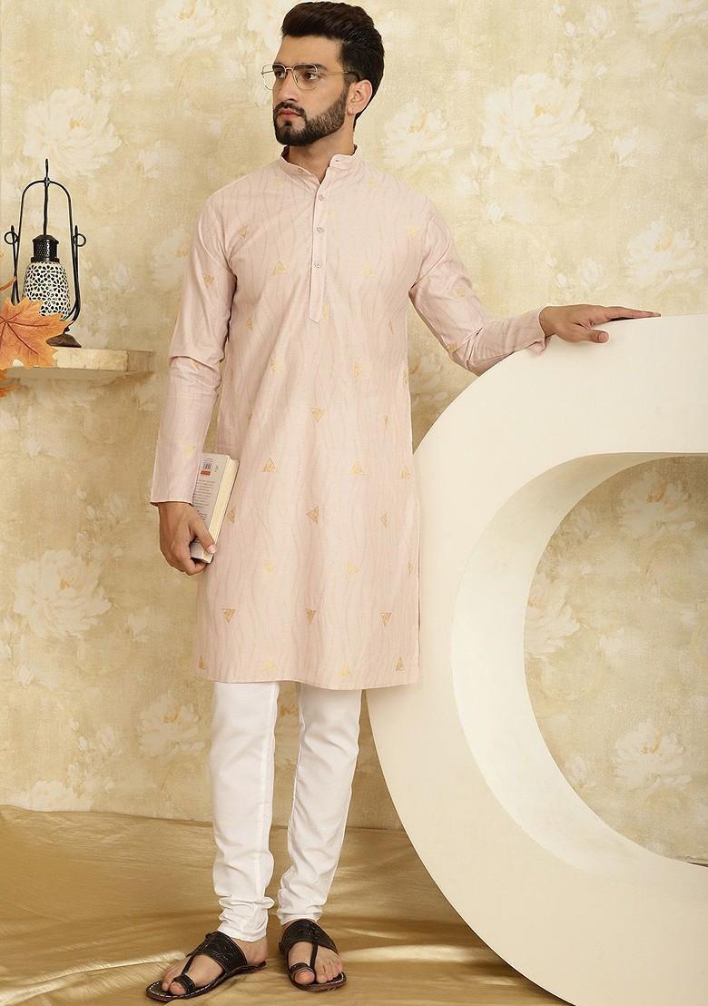 Peach Printed Poly Blend Kurta Set For Men