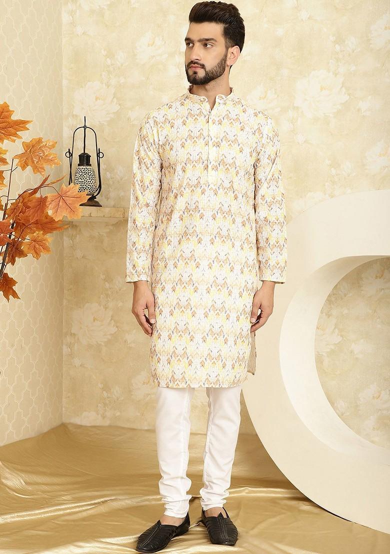 Yellow Thread Work Cotton Kurta Set For Men