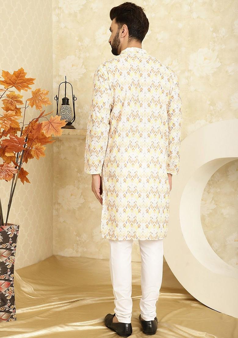 Yellow Thread Work Cotton Kurta Set For Men