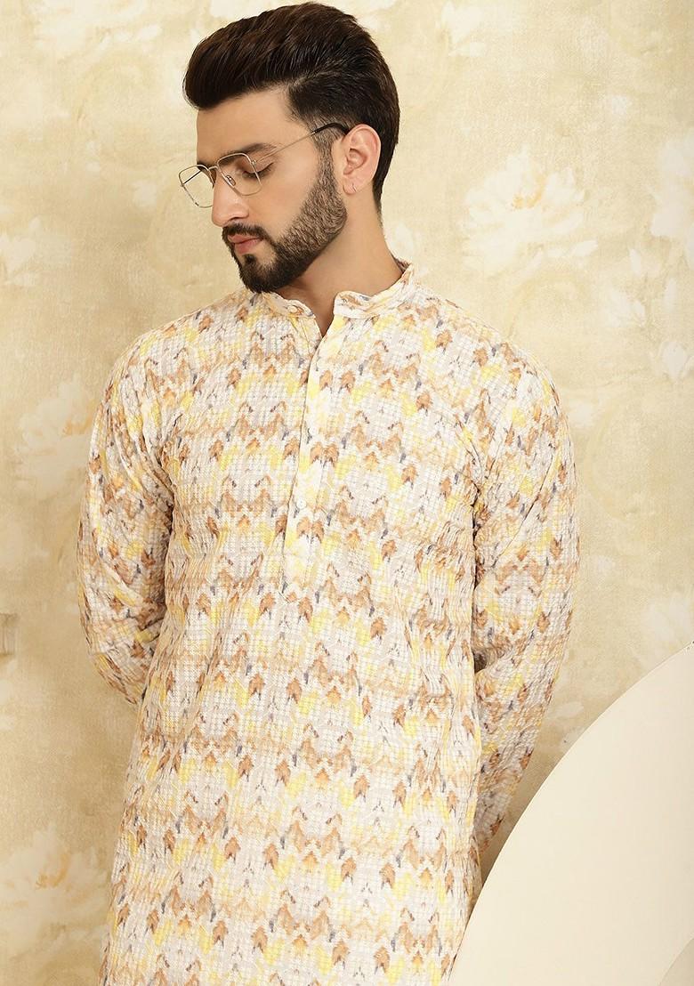 Yellow Thread Work Cotton Kurta Set For Men