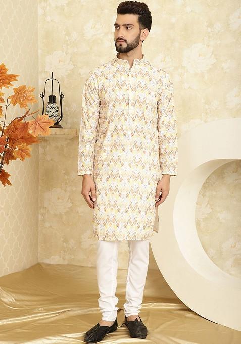 Yellow Thread Work Cotton Kurta Set For Men