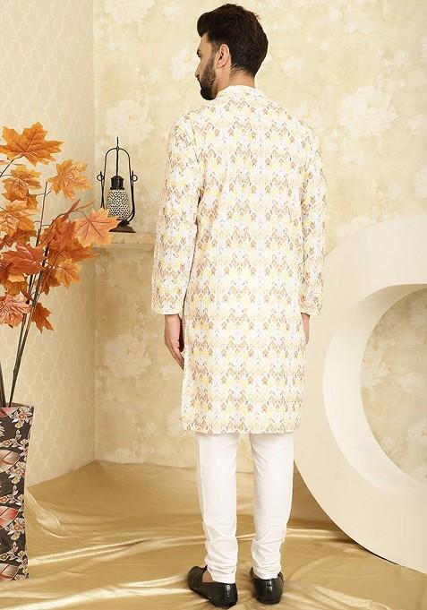 Yellow Thread Work Cotton Kurta Set For Men