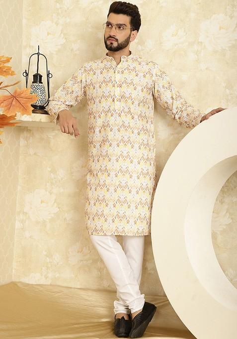 Yellow Thread Work Cotton Kurta Set For Men