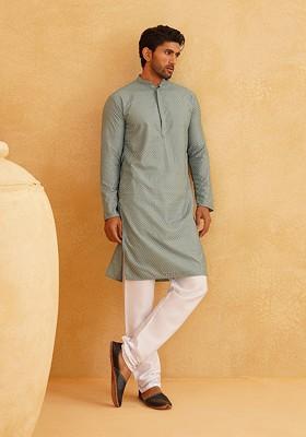 Sea Green Checked Cotton Kurta Set For Men