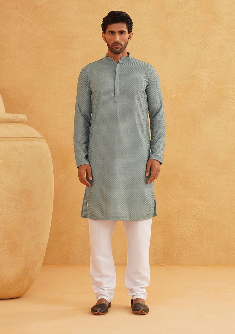 Sea Green Checked Cotton Kurta Set For Men