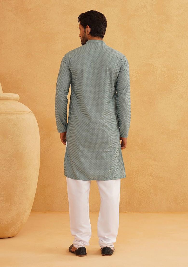 Sea Green Checked Cotton Kurta Set For Men