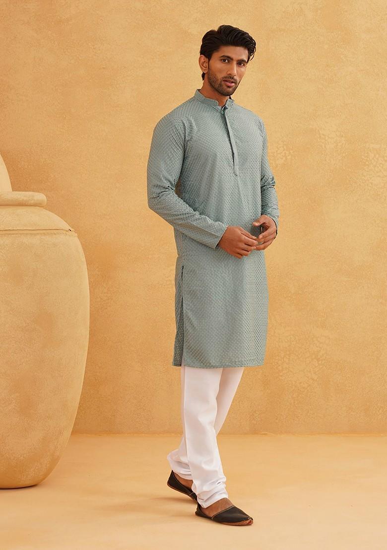 Sea Green Checked Cotton Kurta Set For Men