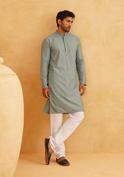 Sea Green Checked Cotton Kurta Set For Men