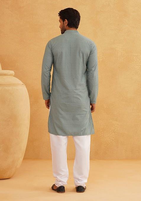 Sea Green Checked Cotton Kurta Set For Men