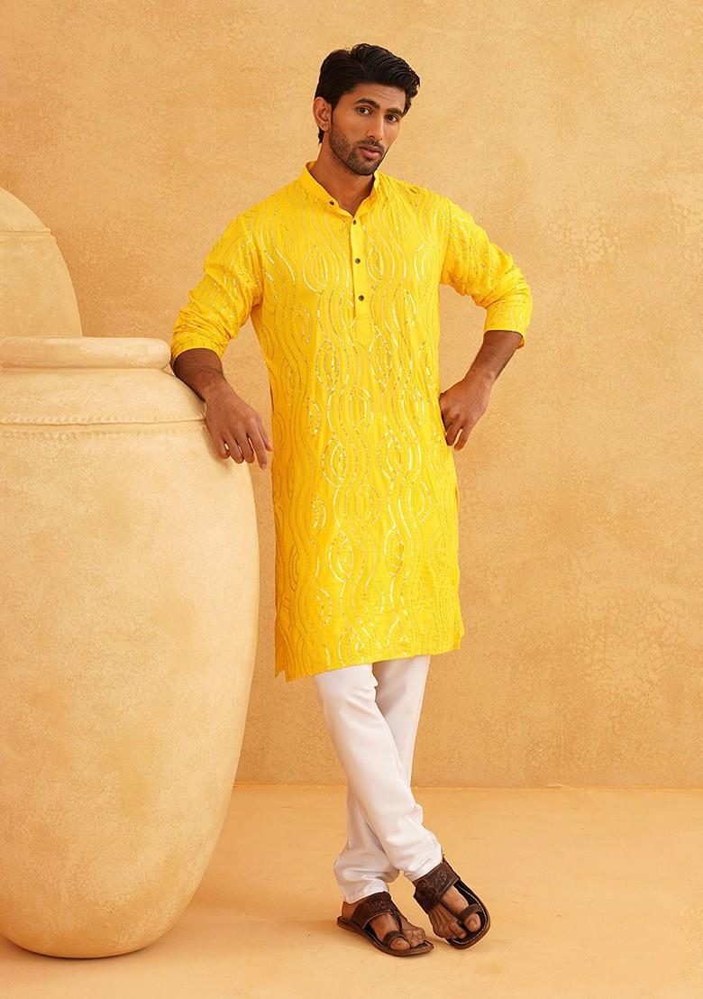 Mustard Embroidered Cotton Kurta Set For Men