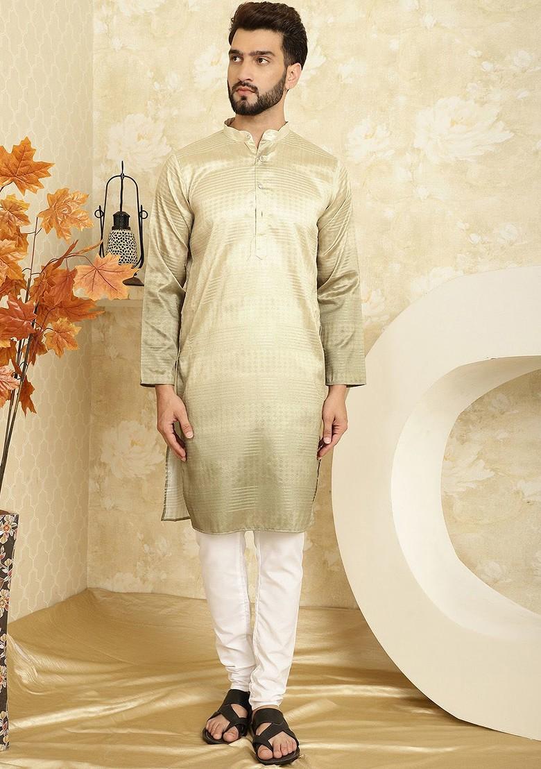 Gold Woven Poly Blend Kurta Set For Men