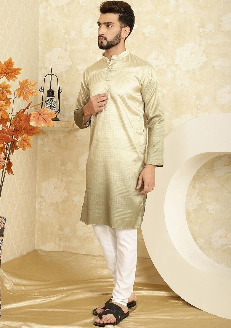 Gold Woven Poly Blend Kurta Set For Men