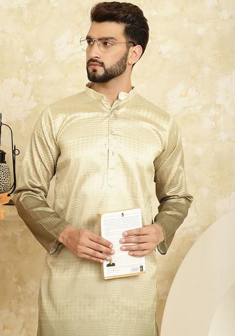 Gold Woven Poly Blend Kurta Set For Men