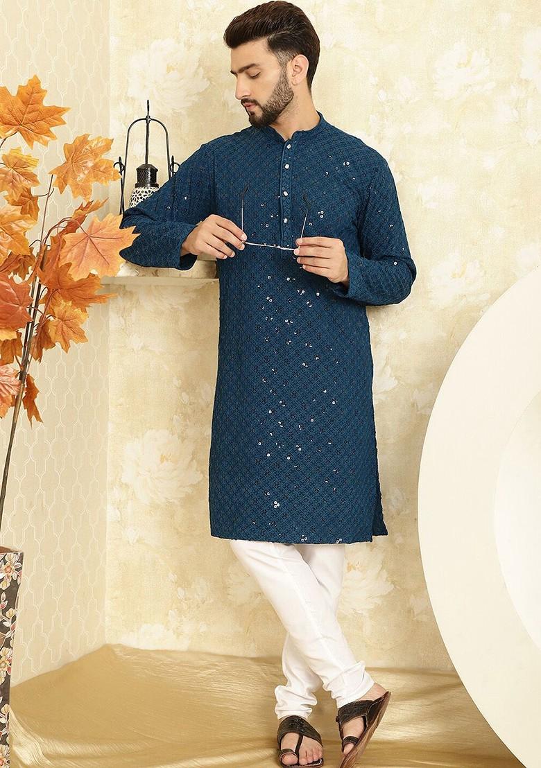 Teal Blue Embroidered Cotton Kurta Set For Men