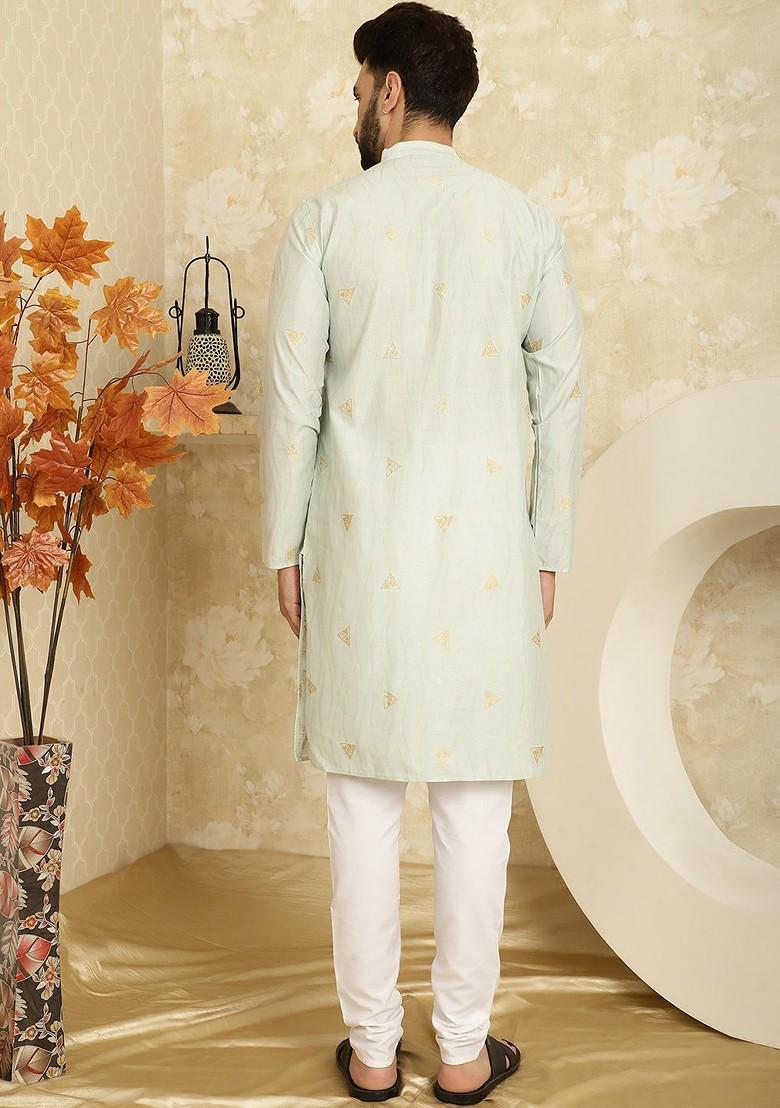 Green Printed Poly Blend Kurta Set For Men