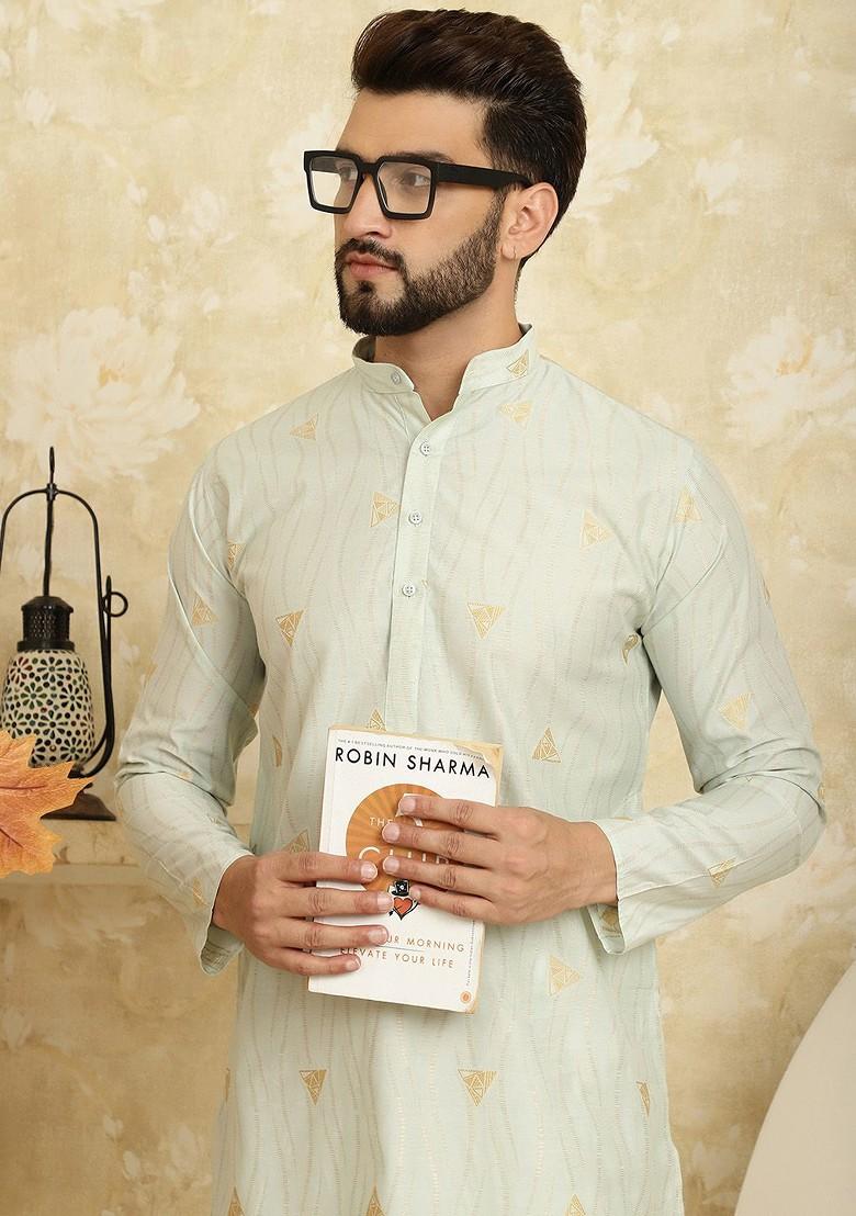 Green Printed Poly Blend Kurta Set For Men