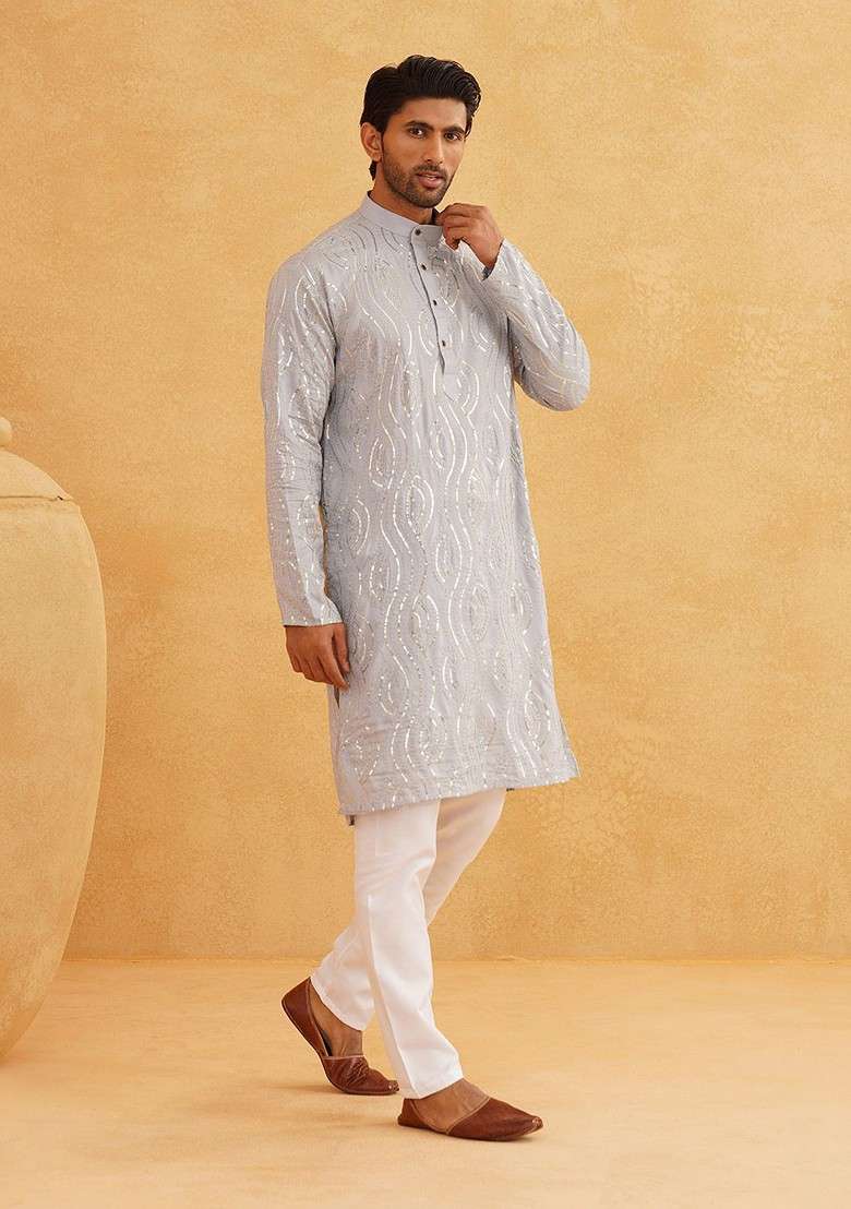 Grey Embroidered Cotton Kurta Set For Men - Indya