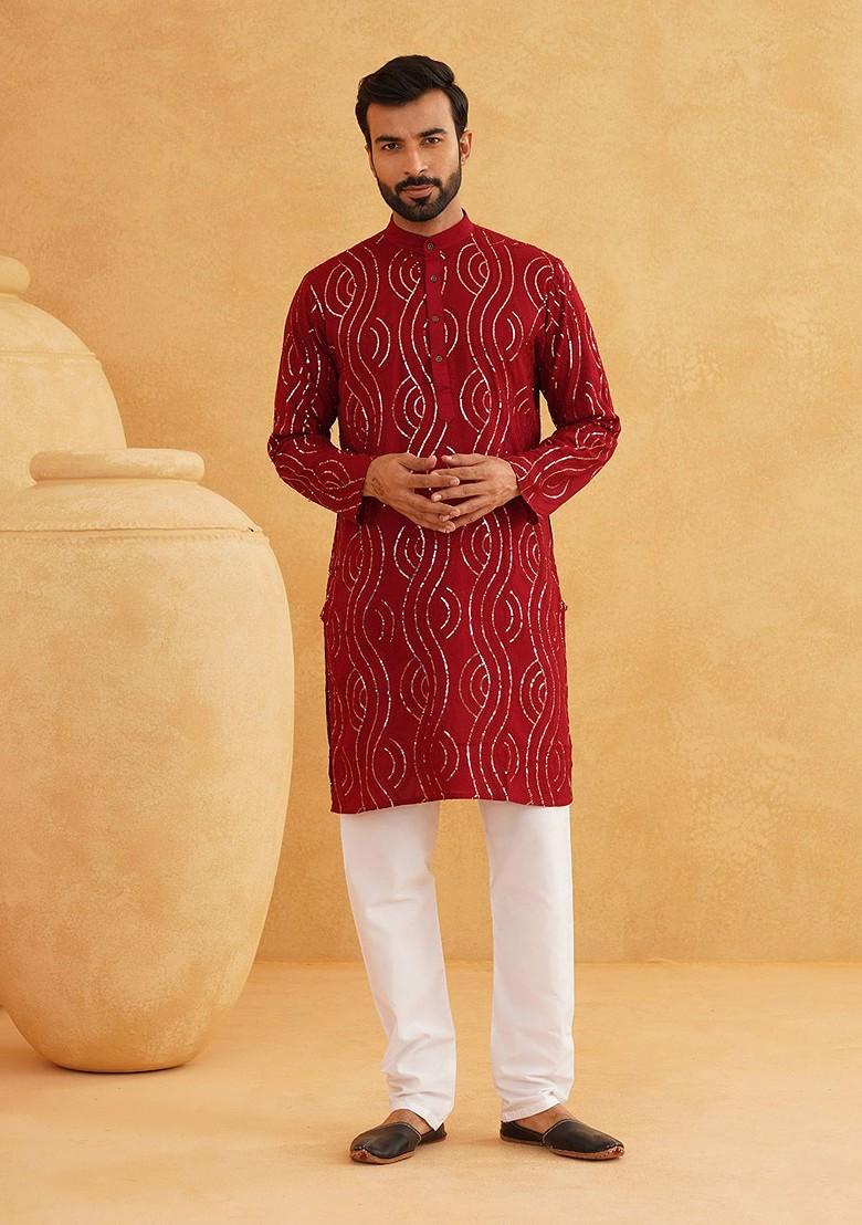 Maroon Embroidered Cotton Kurta Set For Men
