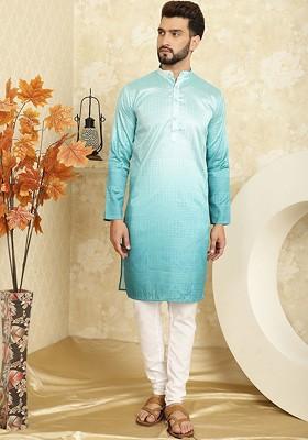 Sea Green Solid Poly Blend Kurta Set For Men