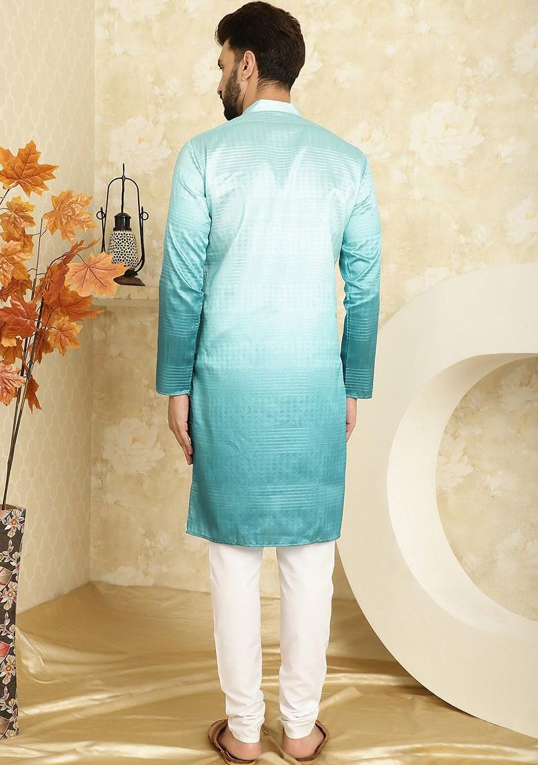 Sea Green Solid Poly Blend Kurta Set For Men