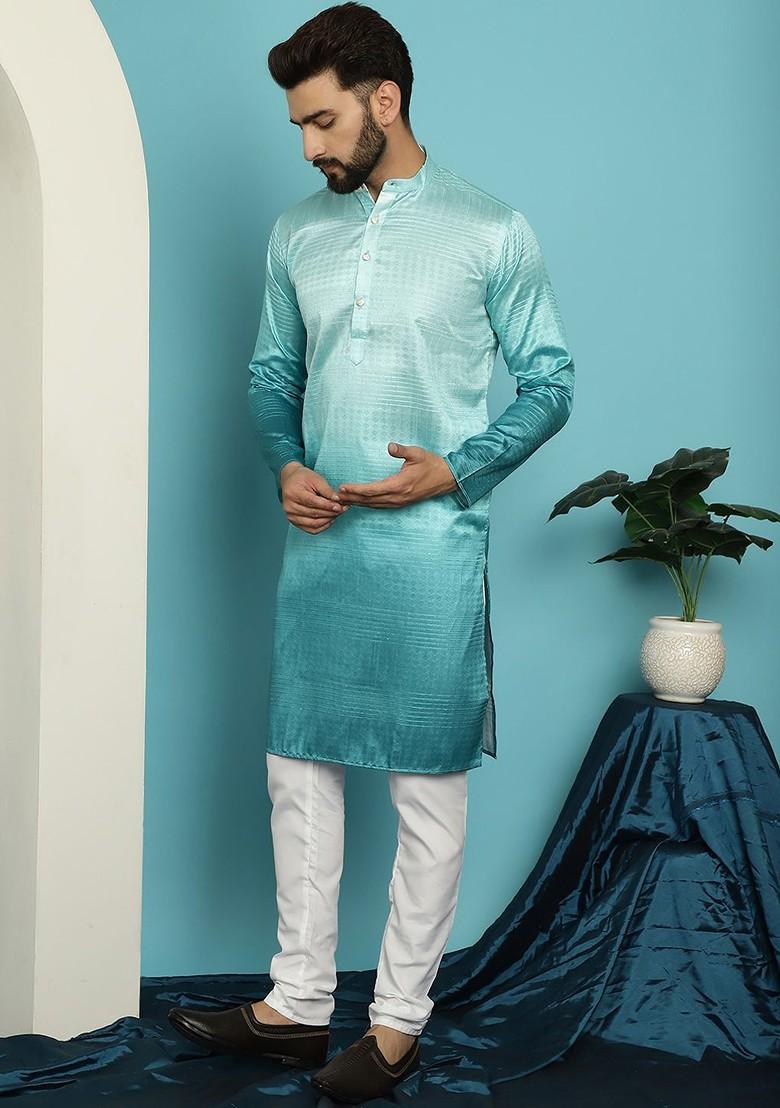 Sea Green Striped Poly Blend Kurta Set For Men