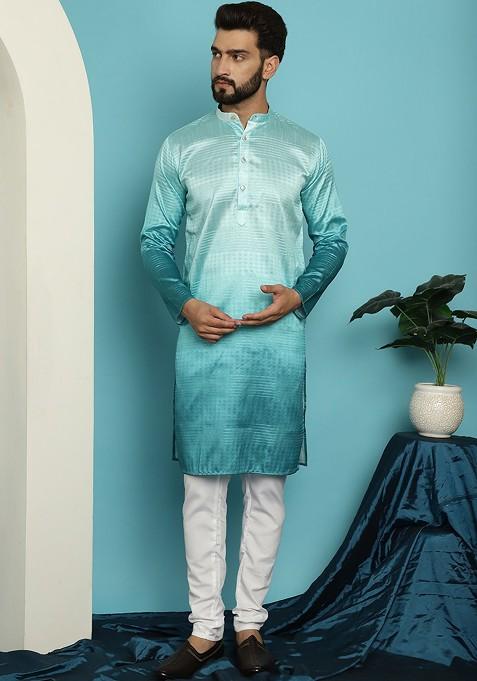 Sea Green Striped Poly Blend Kurta Set For Men