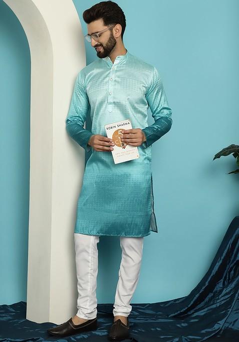 Sea Green Striped Poly Blend Kurta Set For Men
