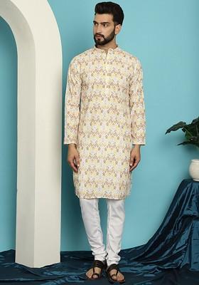 Yellow Embroidered Cotton Kurta Set For Men
