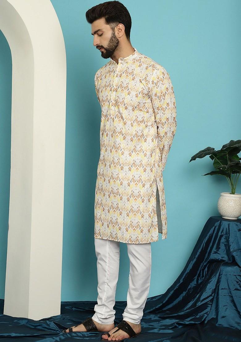 Yellow Embroidered Cotton Kurta Set For Men