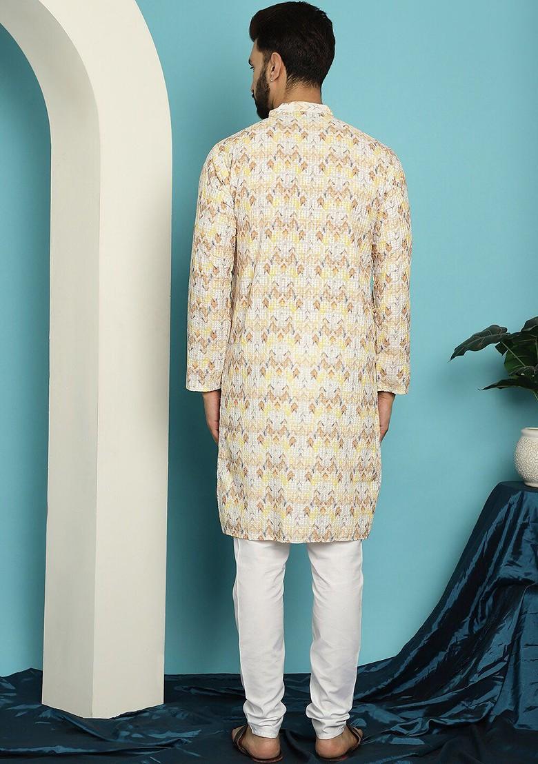 Yellow Embroidered Cotton Kurta Set For Men