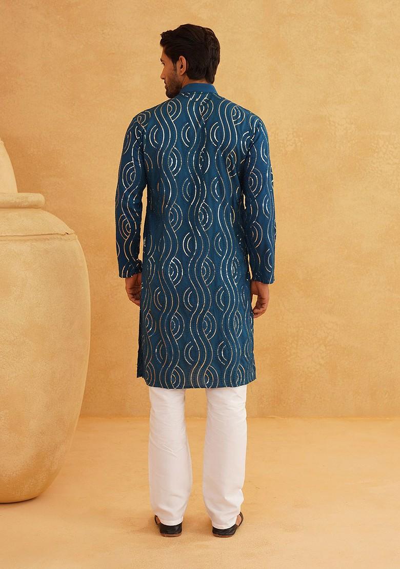 Teal Blue Embroidered Cotton Kurta Set For Men