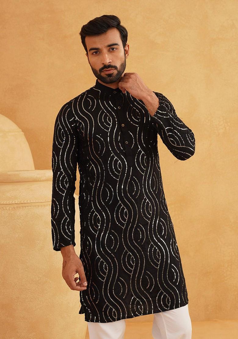 Black Embroidered Cotton Kurta Set For Men