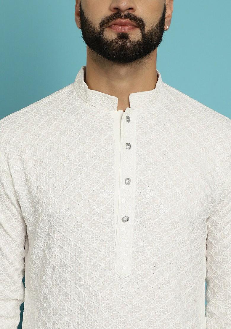 White Embroidered Cotton Kurta Set For Men